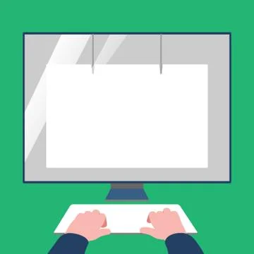 Hands on Mock Up Keyboard Facing Blank White Monitor with Eye Screen Protector 스톡 일러스트