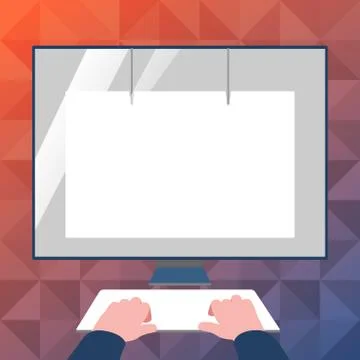 Hands on Mock Up Keyboard Facing Blank White Monitor with Eye Screen Protector Stock Illustration