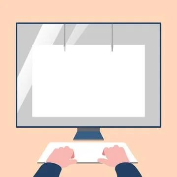 Hands on Mock Up Keyboard Facing Blank White Monitor with Eye Screen Protector 스톡 일러스트