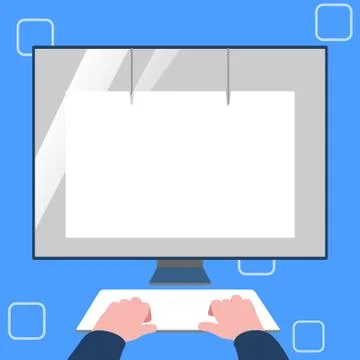 Hands on Mock Up Keyboard Facing Blank White Monitor with Eye Screen Protector 스톡 일러스트