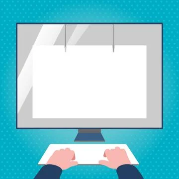 Hands on Mock Up Keyboard Facing Blank White Monitor with Eye Screen Protector Stock Illustration