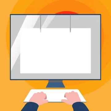 Hands on Mock Up Keyboard Facing Blank White Monitor with Eye Screen Protector Illustrazione stock