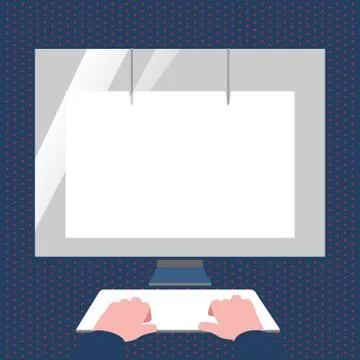 Hands on Mock Up Keyboard Facing Blank White Monitor with Eye Screen Protector Stock Illustration