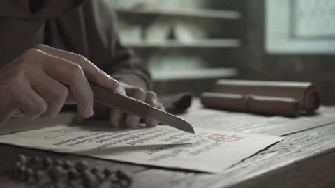 Hands of a monk following text on parchment with a penknife next to rosary beads Stock Footage 337929866