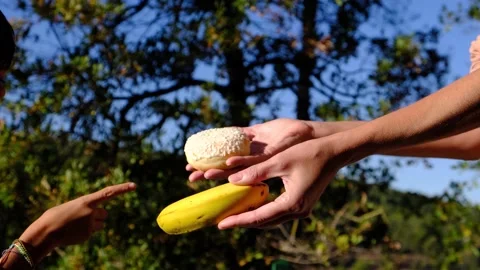 Hands of mother and son choosing between fruit and industrial pastries Stock Footage 222202265