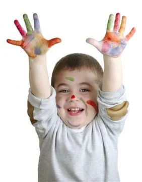 Hands in multicolored paints Stock Photos