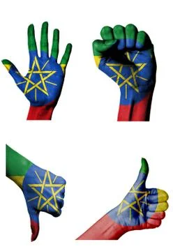 Hands with multiple gestures (open palm, closed fist, thumbs up and down) wit Stock Illustration