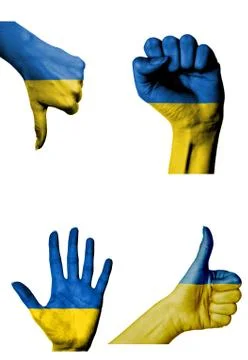 Hands with multiple gestures (open palm, closed fist, thumbs up and down) wit Stock Illustration