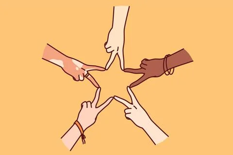 Hands of multiracial people making star shape from fingers, for concept Stock Illustration