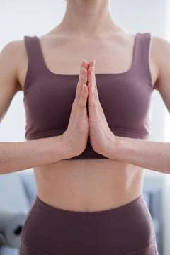Hands in namaskar mudra in front of the chest Stock Photos