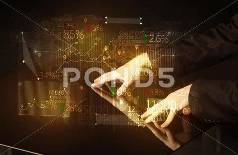 Hands navigate on high tech smart table with business icons Stock Photos