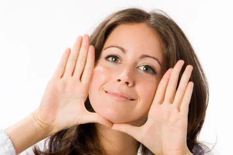 Hands near face Foto stock