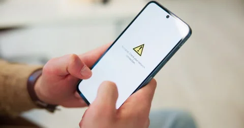 Hands, network connection or phone screen in office with poor signal, loading 스톡 동영상 318773174
