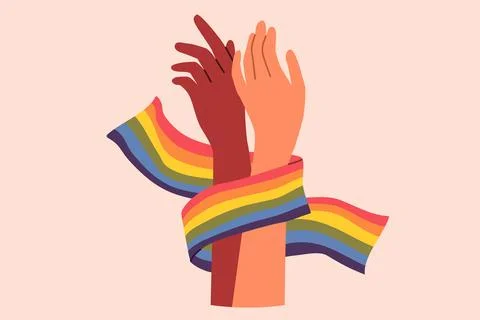 Hands of non-binary couple holding LGBT flag symbolizing love between gay or Stock Illustration
