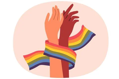 Hands of non-binary couple holding LGBT flag symbolizing love between gay or Stock Illustration