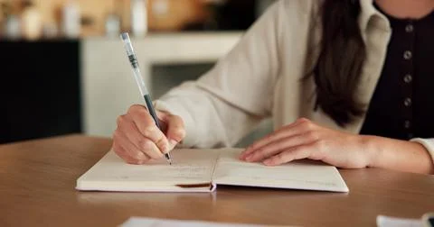 Hands, notebook and writing with remote work from home for schedule, checkl.. Stock Photos