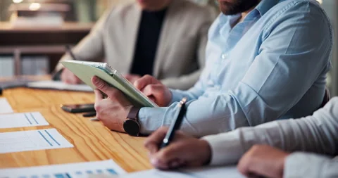 Hands, notes and tablet with business people in boardroom for meeting or upskill Stock Footage 316766565