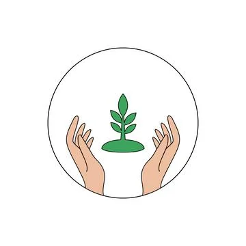Hands nurturing a young plant in the shape of a circle Stock Illustration