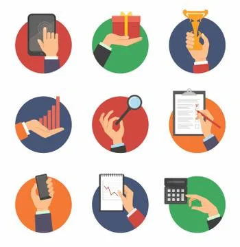 Hands with object icons set Stock Illustration