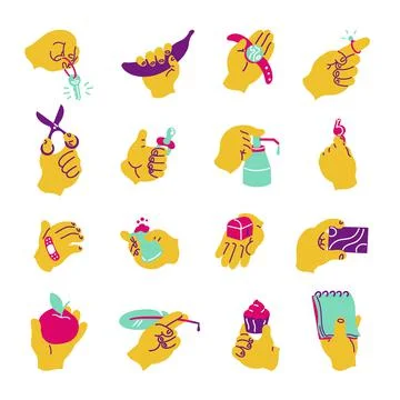 Hands with objects. minimalistic hands with stationery supplies and smart dev Stock Illustration