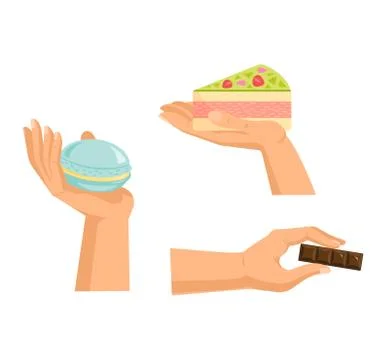 Hands offers sweetness with cake vector arm holding chocolate confectionery Illustration