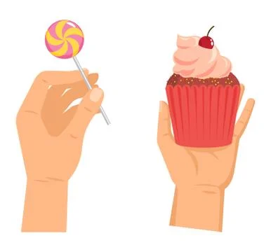 Hands offers sweetness with cake vector arm holding chocolate confectionery Stock Illustration