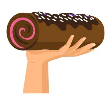 Hands offers sweetness with cake vector arm holding chocolate confectionery Ilustração Stock