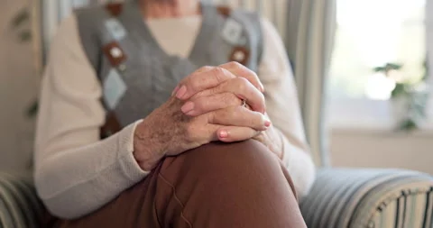Hands, old woman and waiting in office for therapy, appointment and recovery for Stock Footage 340634341