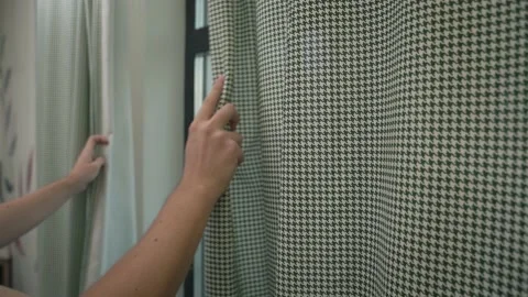 Hands open and close the curtains in a hotel room Video stock 196259221