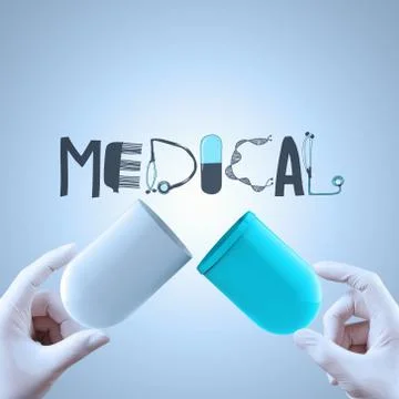 Hands open capsule show graphic design word medical asl concept Stock-Illustration