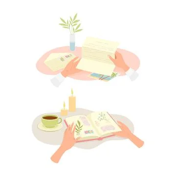 Hands with Open Diary or Notepad and Reading Letter Vector Set Illustrazione stock