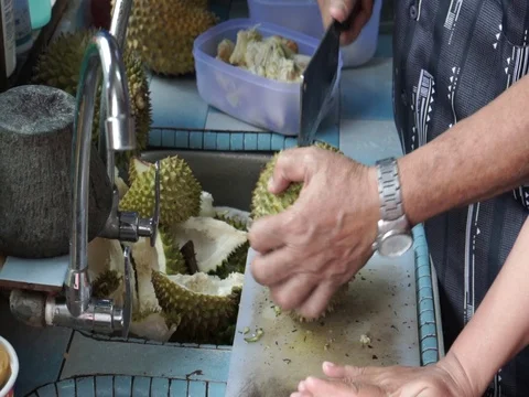 The hands open the durian fruit carefully. Stock Footage 92207842