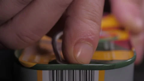 Hands opening can of tuna slow motion 4k Video stock 148319352