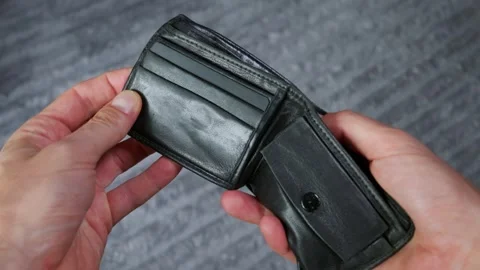Hands Opening Empty Black Leather Wallet Showing No Money Inside Stock Footage 339201583