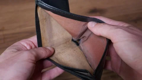Hands Opening Empty Black Leather Wallet Showing Financial Hardship Stock Footage 339202950
