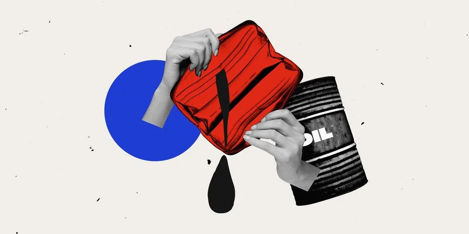 Hands opening empty red wallet while oil drips nearby reflect personal financial Stock Photos