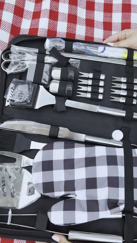 Hands Opening Portable BBQ Grill Tool Set Stock Footage 341375877