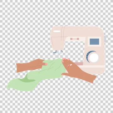 Hands operating sewing machine with fabric for sewing Illustrazione stock