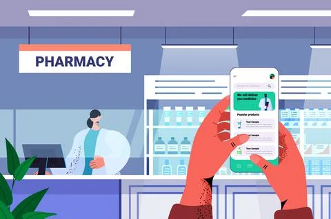 Hands ordering medications on smartphone screen modern drugstore interior Stock Illustration