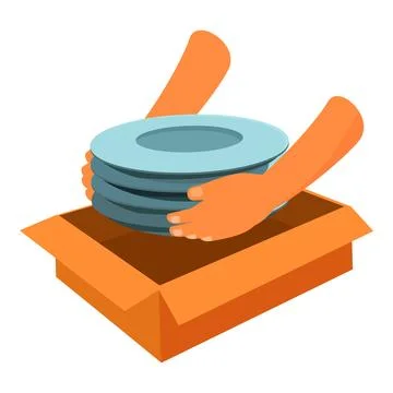 Hands packing plates into cardboard box for relocation or storage イラスト素材