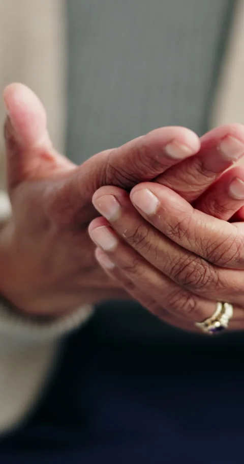 Hands, pain and strain with old woman in home for carpal tunnel, joint pressure Stock Footage 336593397