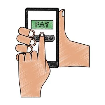 Hands paying online from smartphone scribble Stock Illustration