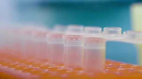 Hands of a PCR lab worker in rubber gloves with a dispenser pouring samples of Stock-Footage 178023518