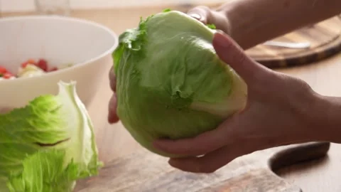 Hands peel the outer leaves from a head of iceberg lettuce. Stock Footage 256185718
