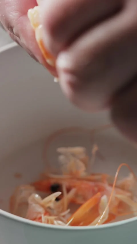 Hands Peeling Cooked Shrimp Seafood Preparation Close Up Shot Stock Footage 346385386