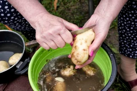 Hands peeling potatoes Stock Photos