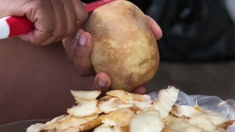Hands peeling a raw russet potato with a red utility knife close up 스톡 동영상 342665495