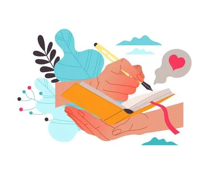 Hands with Pen Writing in Notepad as Working with Text Process Vector Illustrazione stock