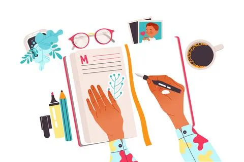 Hands with Pen Writing in Notepad as Working with Text Process Above View Vector 스톡 일러스트