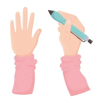 Hands with pen written for work office top view design Stock Illustration